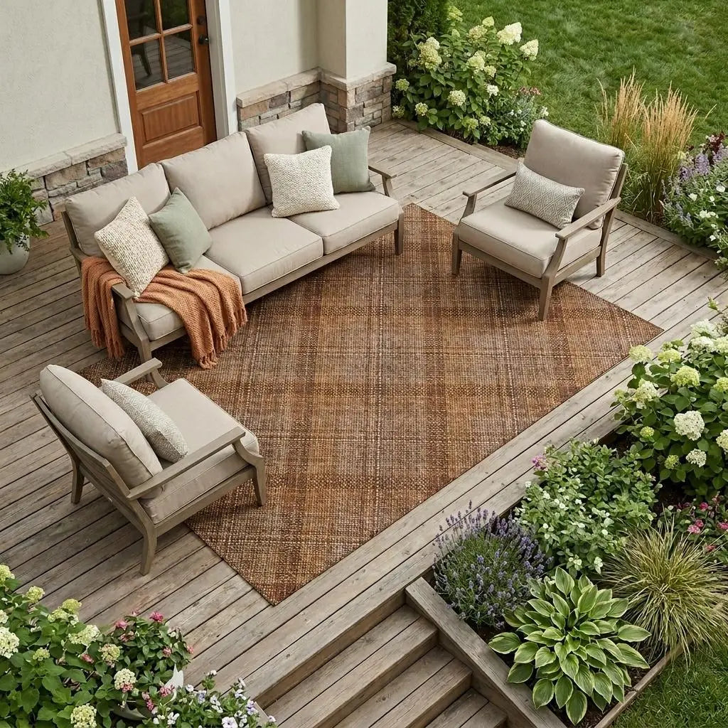 8' X 10' Orange And Brown Plaid Washable Indoor Outdoor Area Rug Homeroots Outdoor