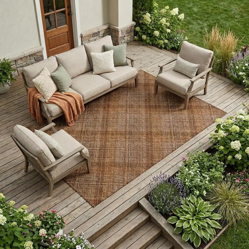 8' X 10' Orange And Brown Plaid Washable Indoor Outdoor Area Rug Homeroots Outdoor