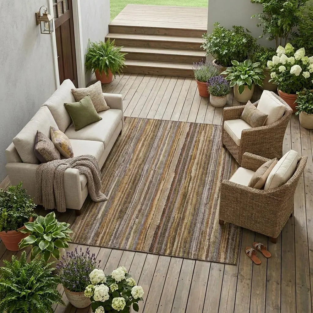 8' X 10' Orange And Brown Striped Washable Indoor Outdoor Area Rug Homeroots Outdoor