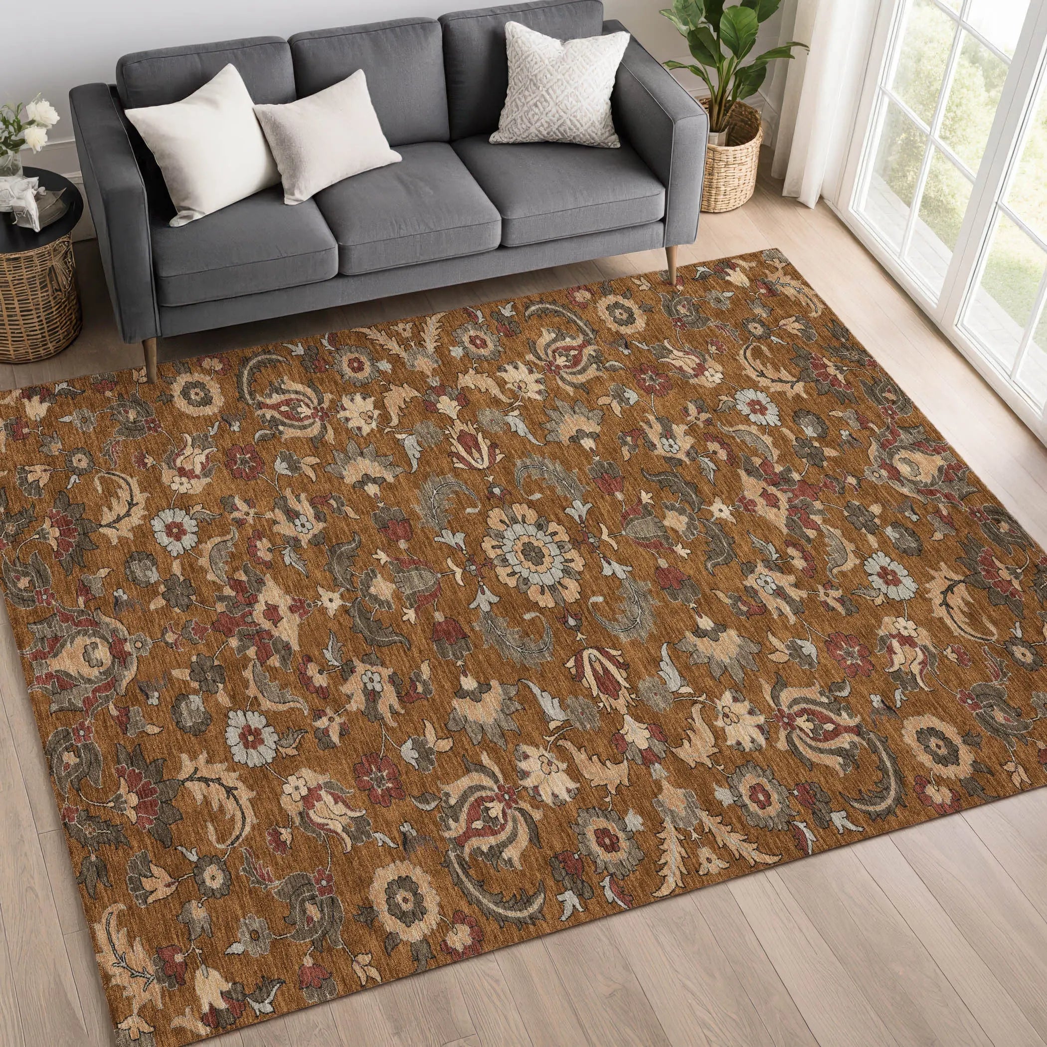 8' X 10' Orange And Burgundy Floral Medallion Washable Indoor Outdoor Area Rug Homeroots Outdoor