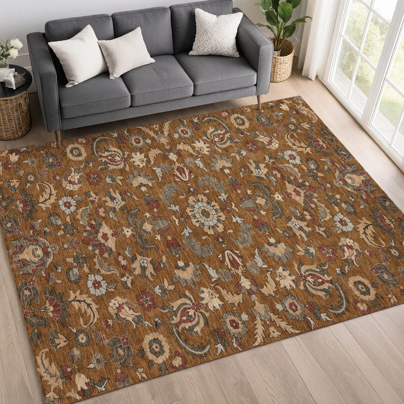 8' X 10' Orange And Burgundy Floral Medallion Washable Indoor Outdoor Area Rug Homeroots Outdoor