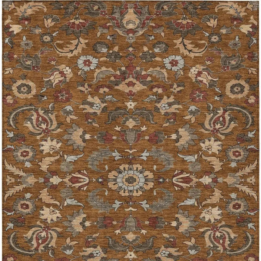 8' X 10' Orange And Burgundy Floral Medallion Washable Indoor Outdoor Area Rug Homeroots Outdoor