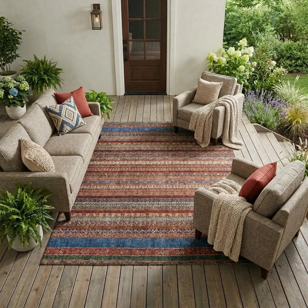 8' X 10' Orange And Burgundy Striped Washable Indoor Outdoor Area Rug Homeroots Outdoor