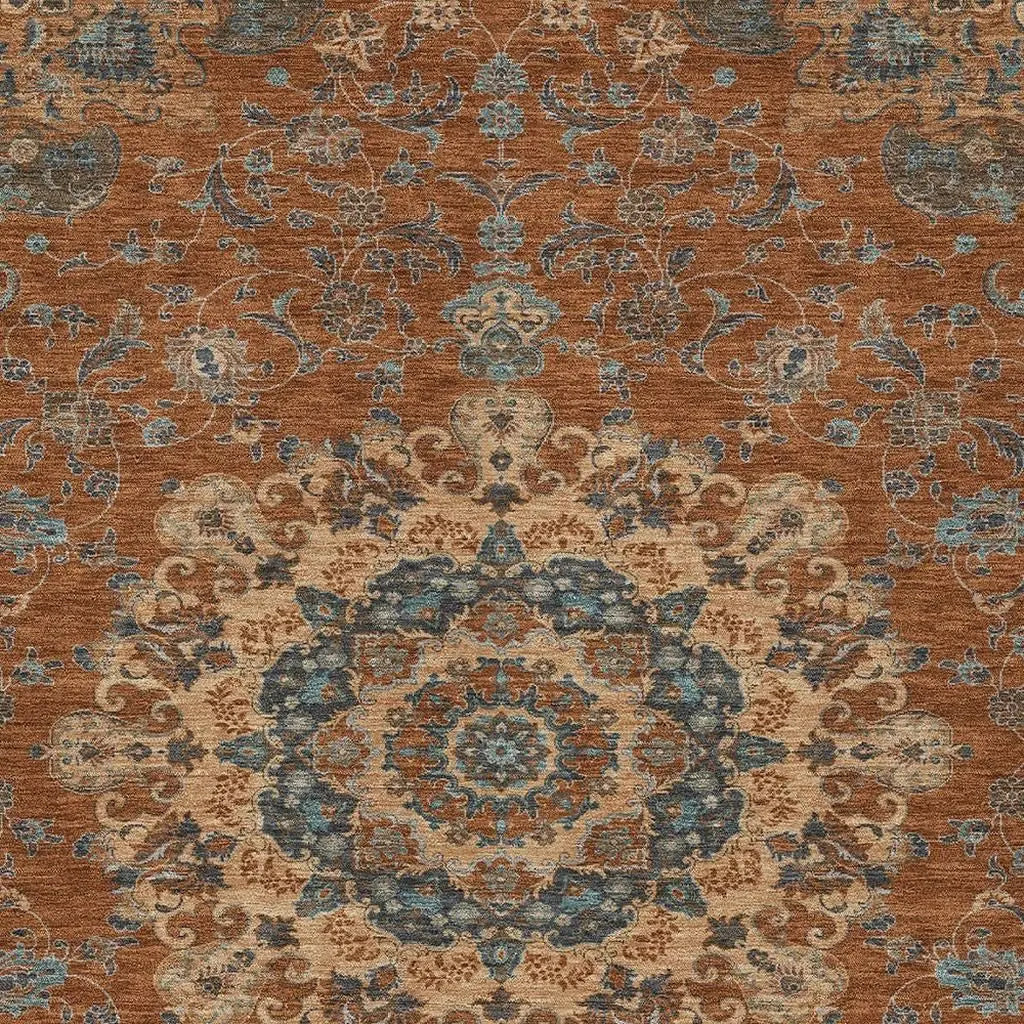 8' X 10' Orange And Charcoal Floral Medallion Washable Indoor Outdoor Area Rug Homeroots Outdoor