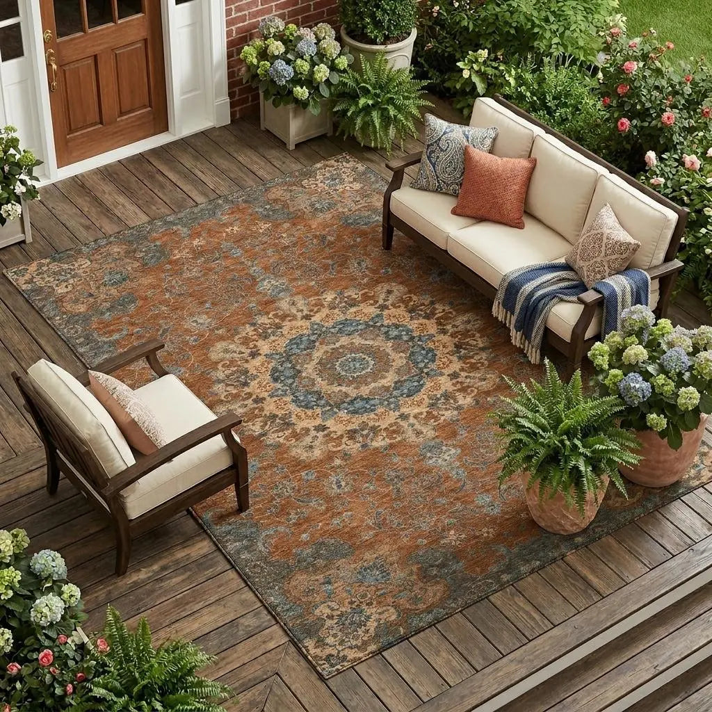 8' X 10' Orange And Charcoal Floral Medallion Washable Indoor Outdoor Area Rug Homeroots Outdoor