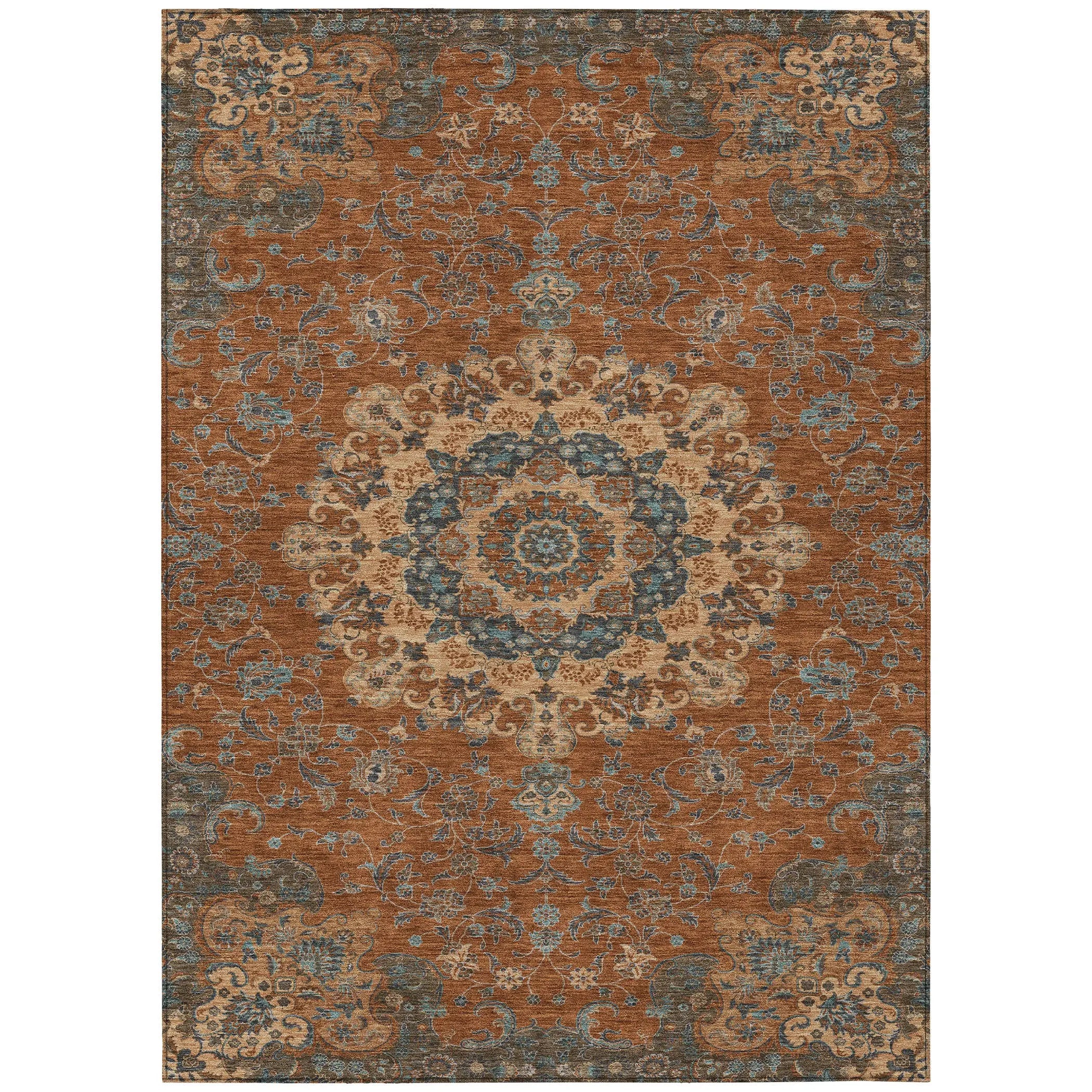 8' X 10' Orange And Charcoal Floral Medallion Washable Indoor Outdoor Area Rug Homeroots Outdoor