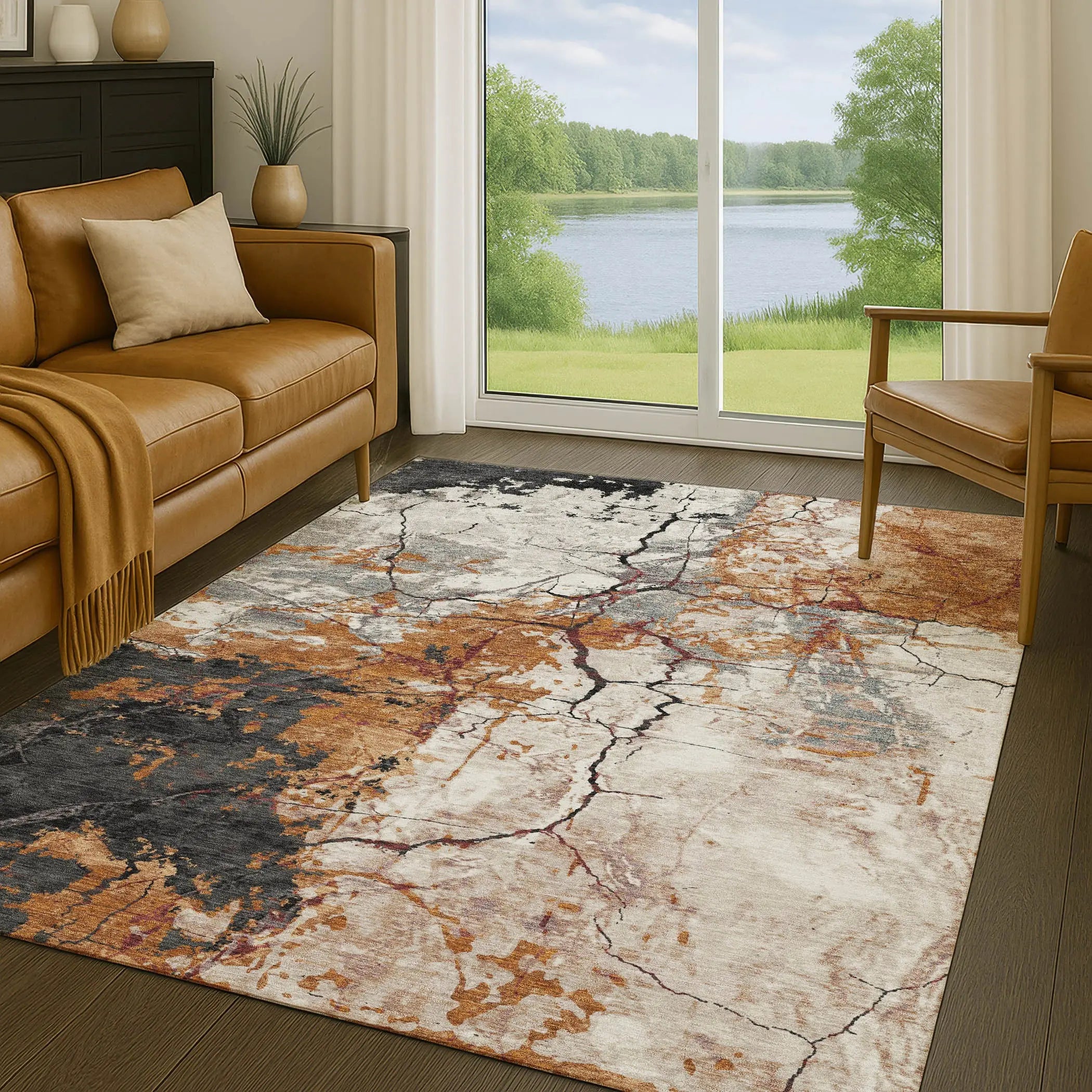 8' X 10' Orange And Copper Abstract Washable Indoor Outdoor Area Rug Homeroots Outdoor