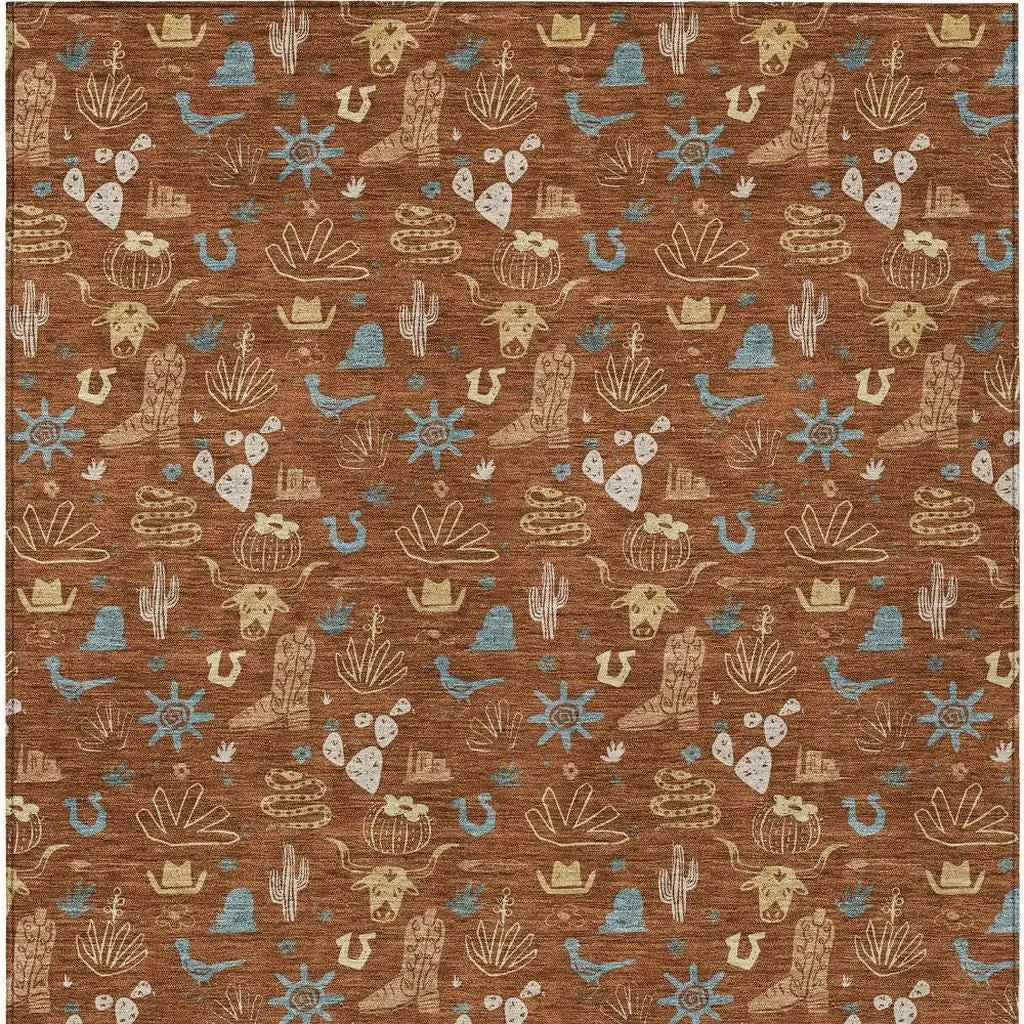 8' X 10' Orange And Copper Cactus Washable Indoor Outdoor Area Rug Homeroots Outdoor