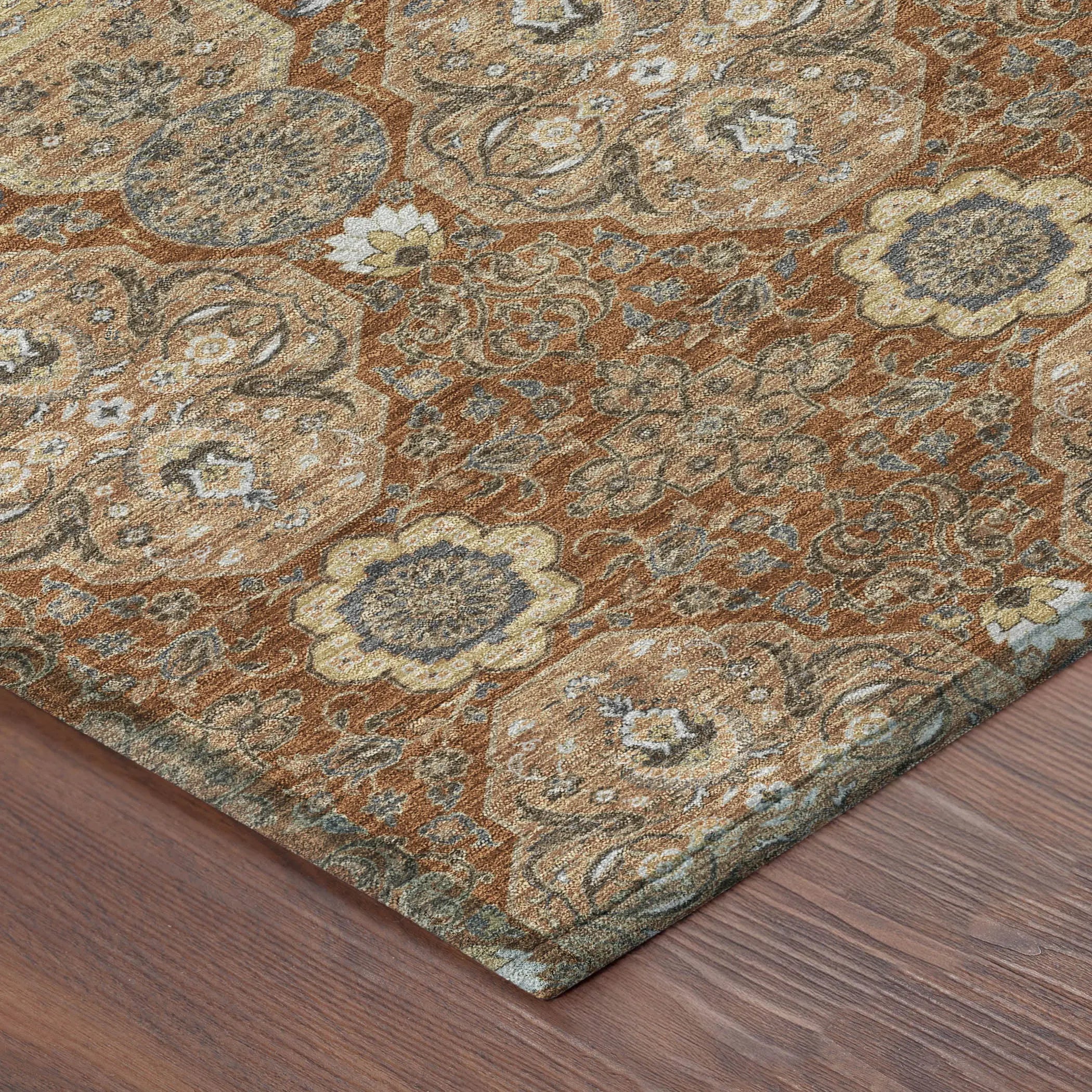 8' X 10' Orange And Copper Floral Washable Indoor Outdoor Area Rug Homeroots Outdoor