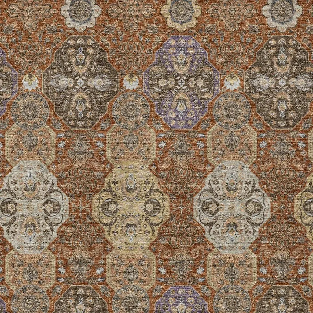 8' X 10' Orange And Copper Floral Washable Indoor Outdoor Area Rug Homeroots Outdoor