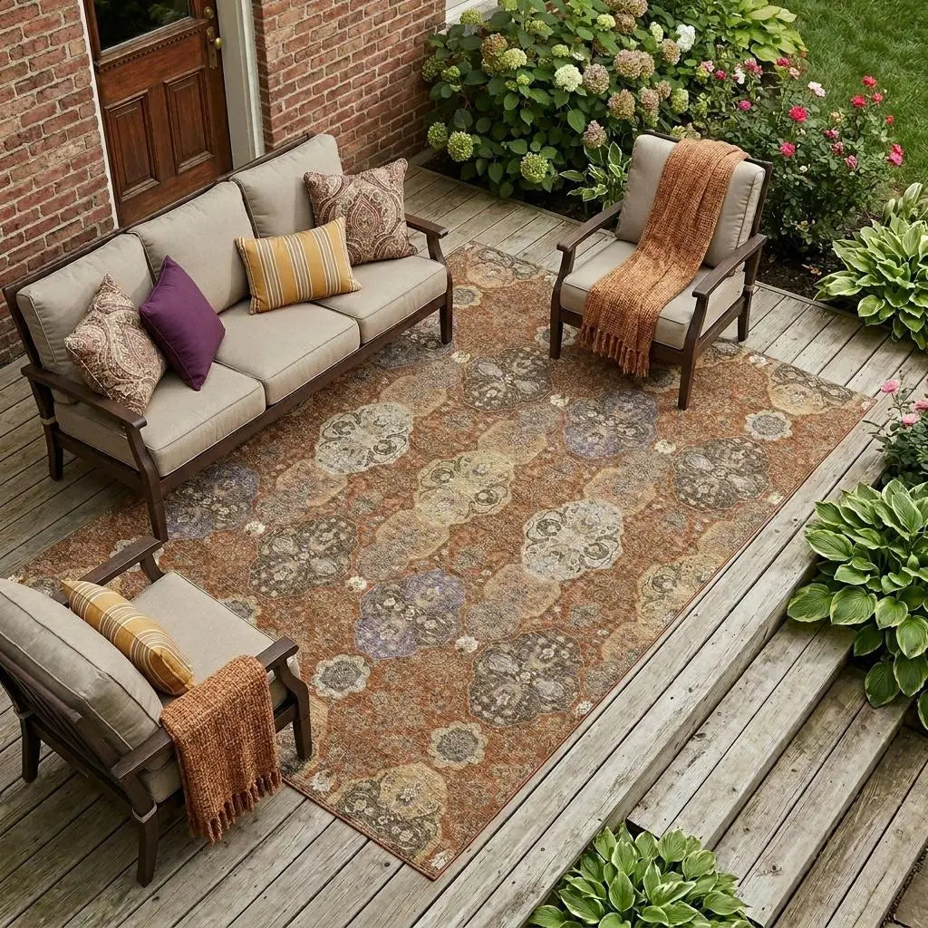 8' X 10' Orange And Copper Floral Washable Indoor Outdoor Area Rug Homeroots Outdoor