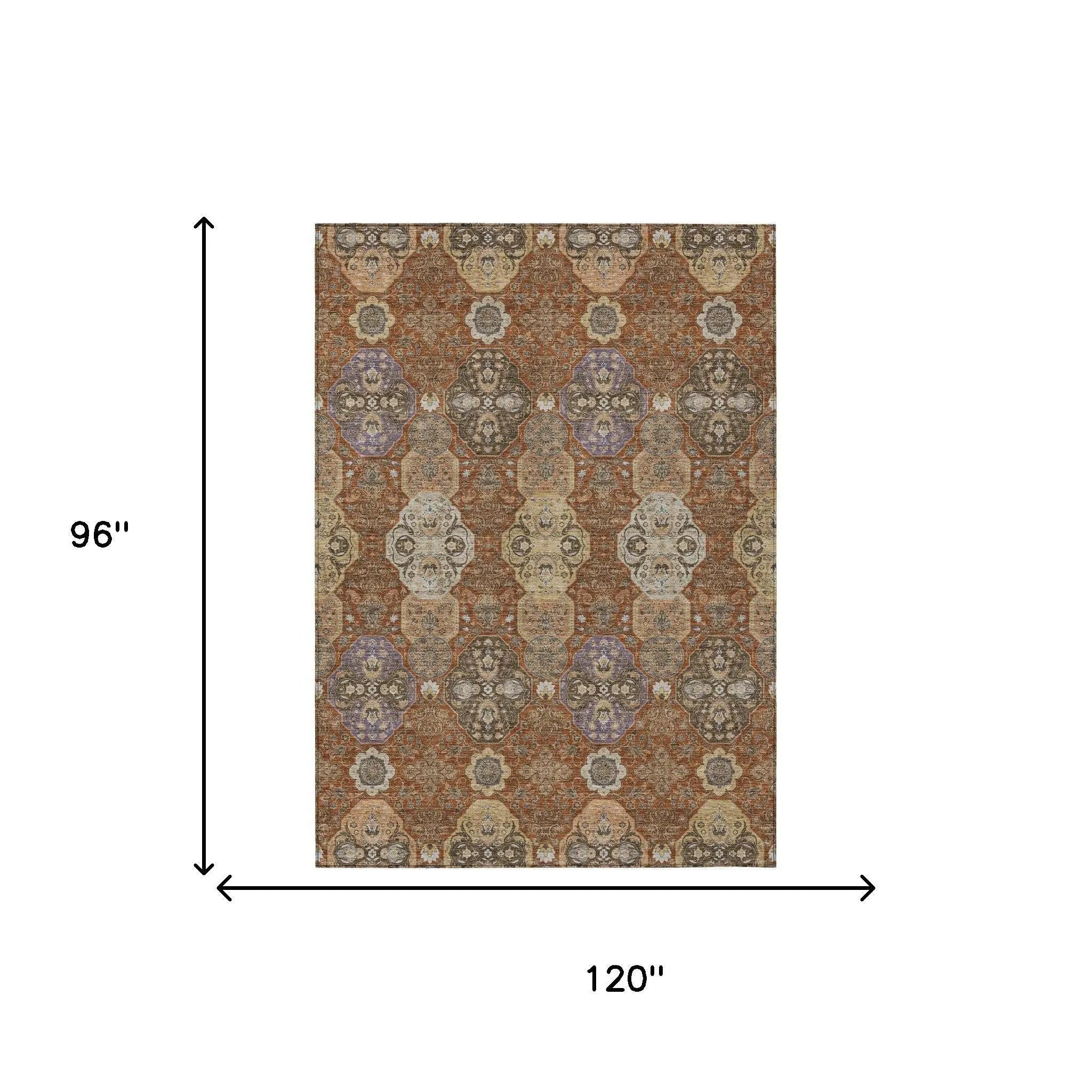 8' X 10' Orange And Copper Floral Washable Indoor Outdoor Area Rug Homeroots Outdoor