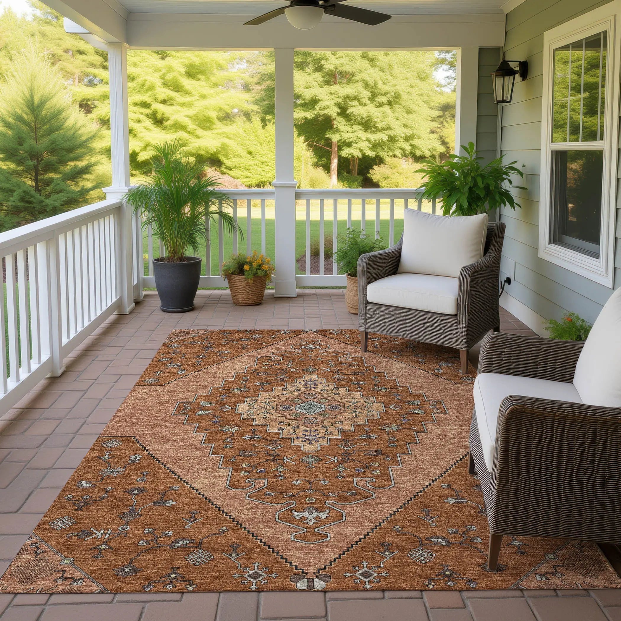 8' X 10' Orange And Copper Geometric Washable Indoor Outdoor Area Rug Homeroots Outdoor