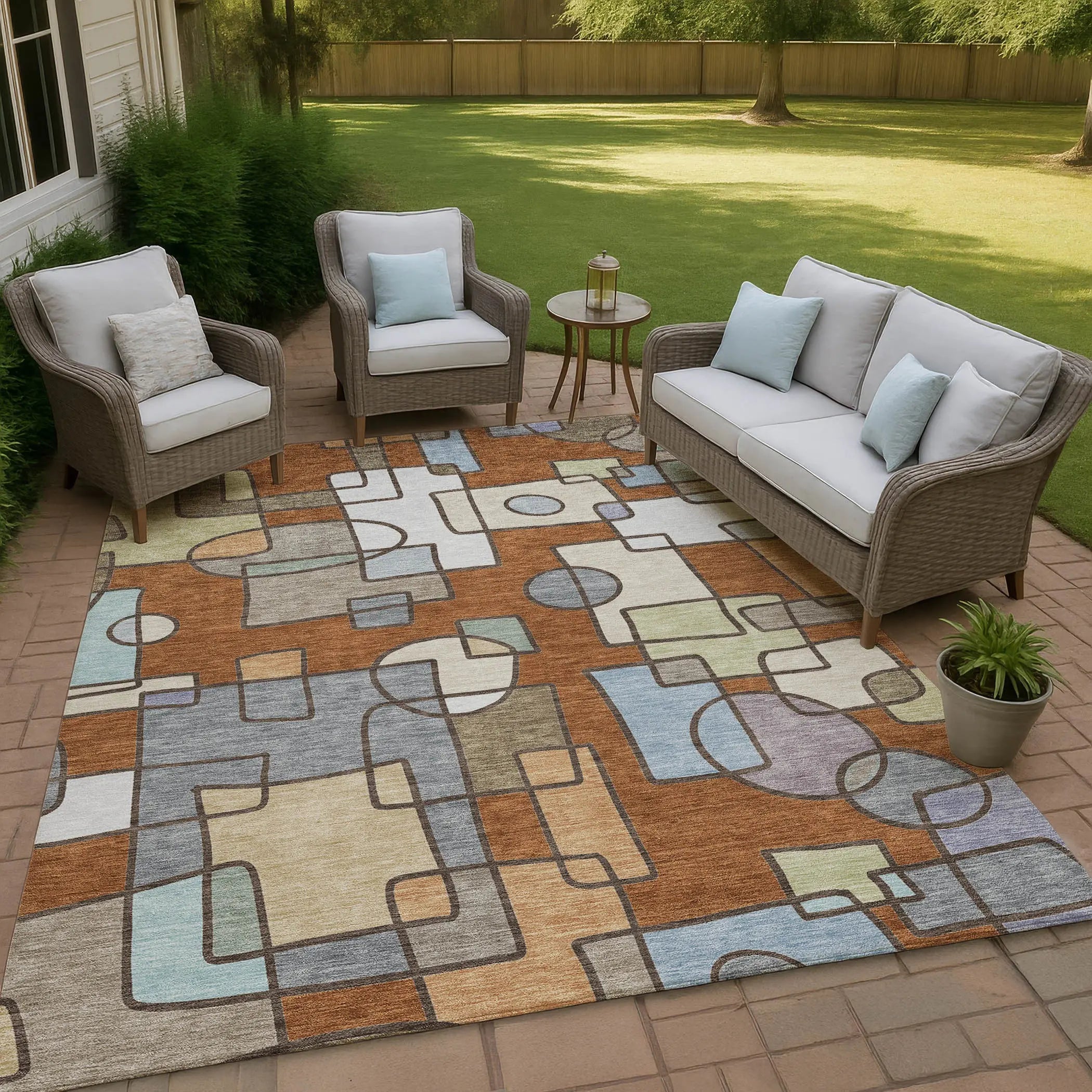 8' X 10' Orange And Copper Geometric Washable Indoor Outdoor Area Rug Homeroots Outdoor
