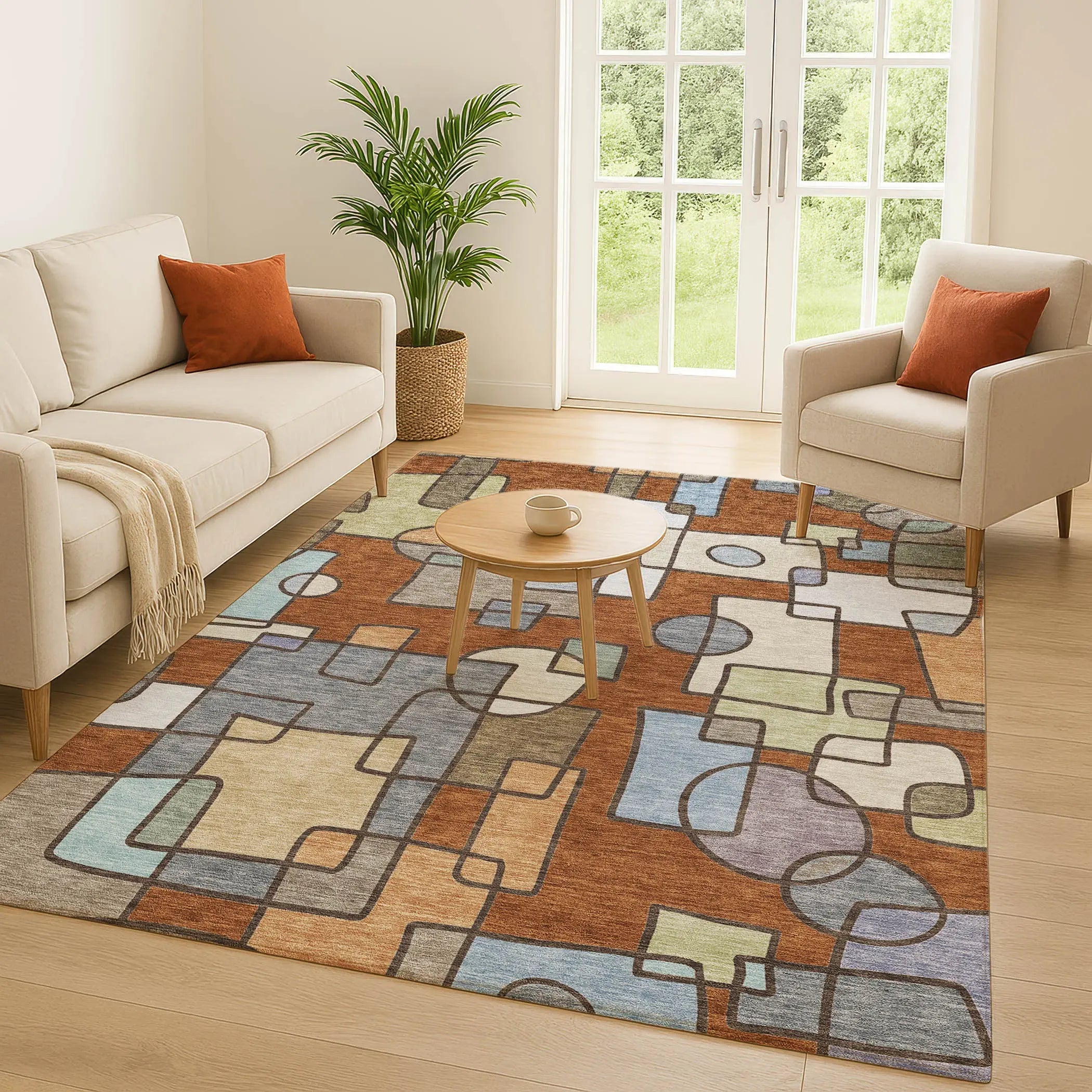 8' X 10' Orange And Copper Geometric Washable Indoor Outdoor Area Rug Homeroots Outdoor