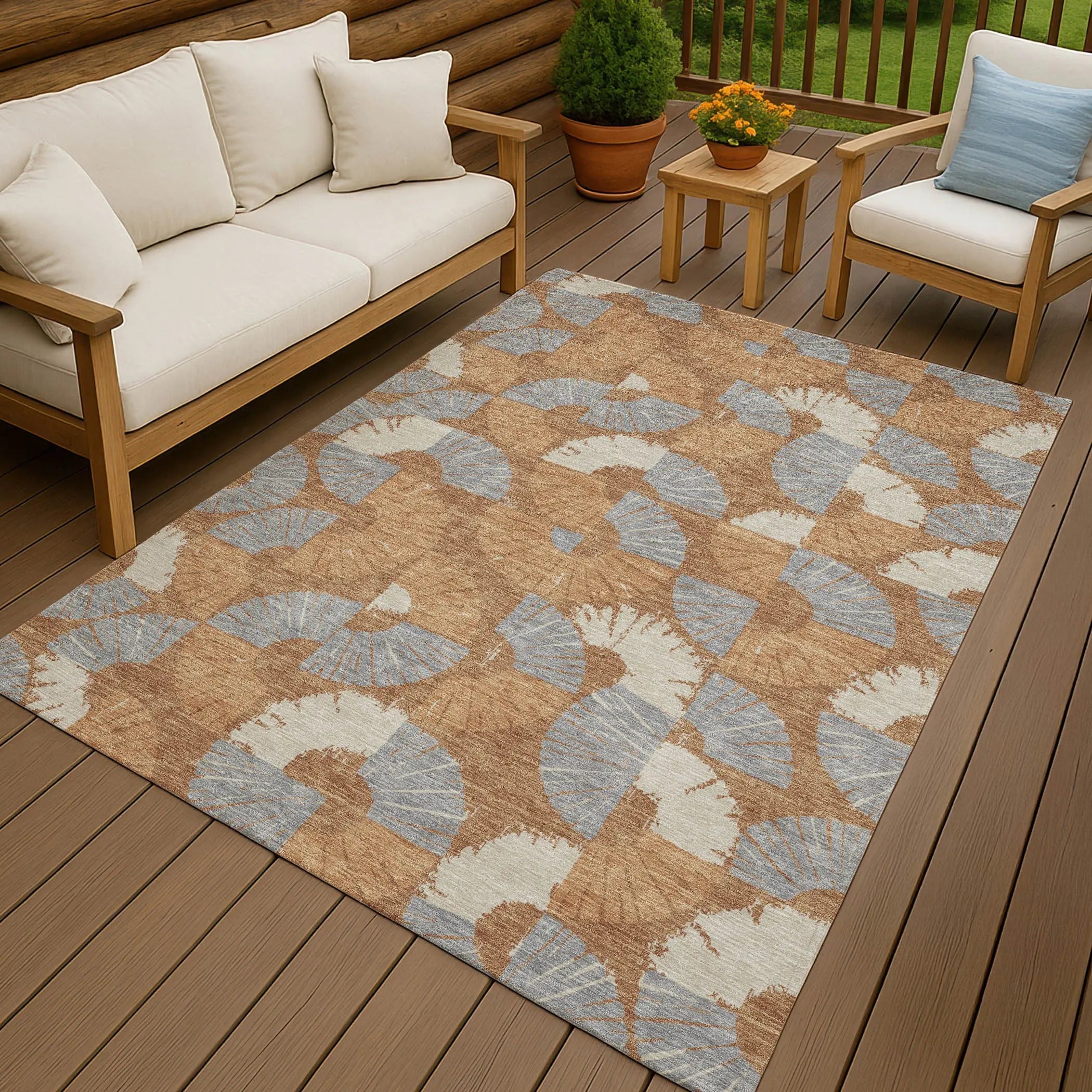 8' X 10' Orange And Copper Geometric Washable Indoor Outdoor Area Rug Homeroots Outdoor