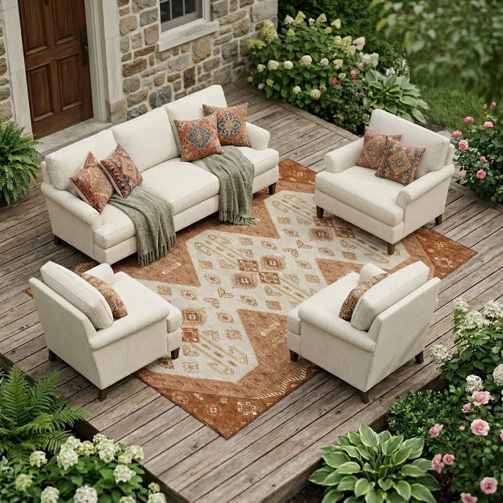 8' X 10' Orange And Copper Geometric Washable Indoor Outdoor Area Rug Homeroots Outdoor