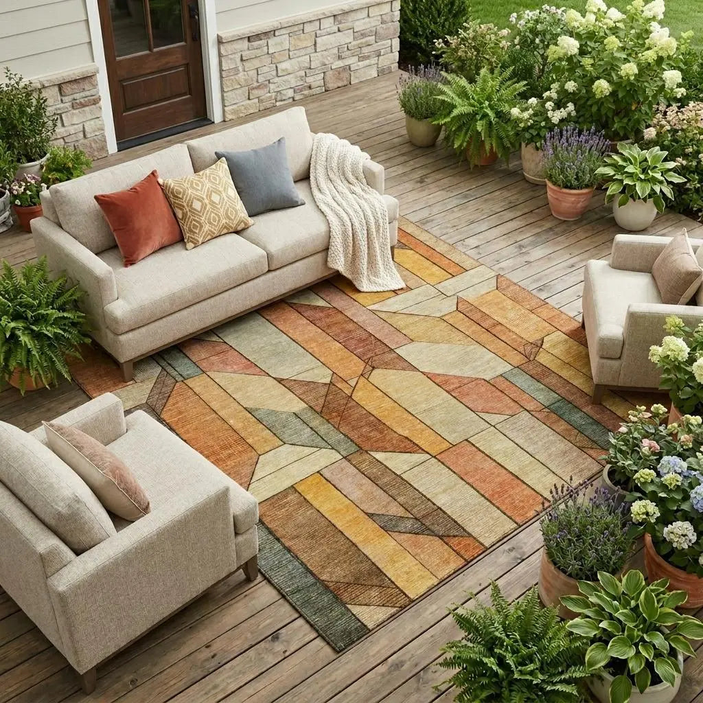8' X 10' Orange And Copper Geometric Washable Indoor Outdoor Area Rug Homeroots Outdoor