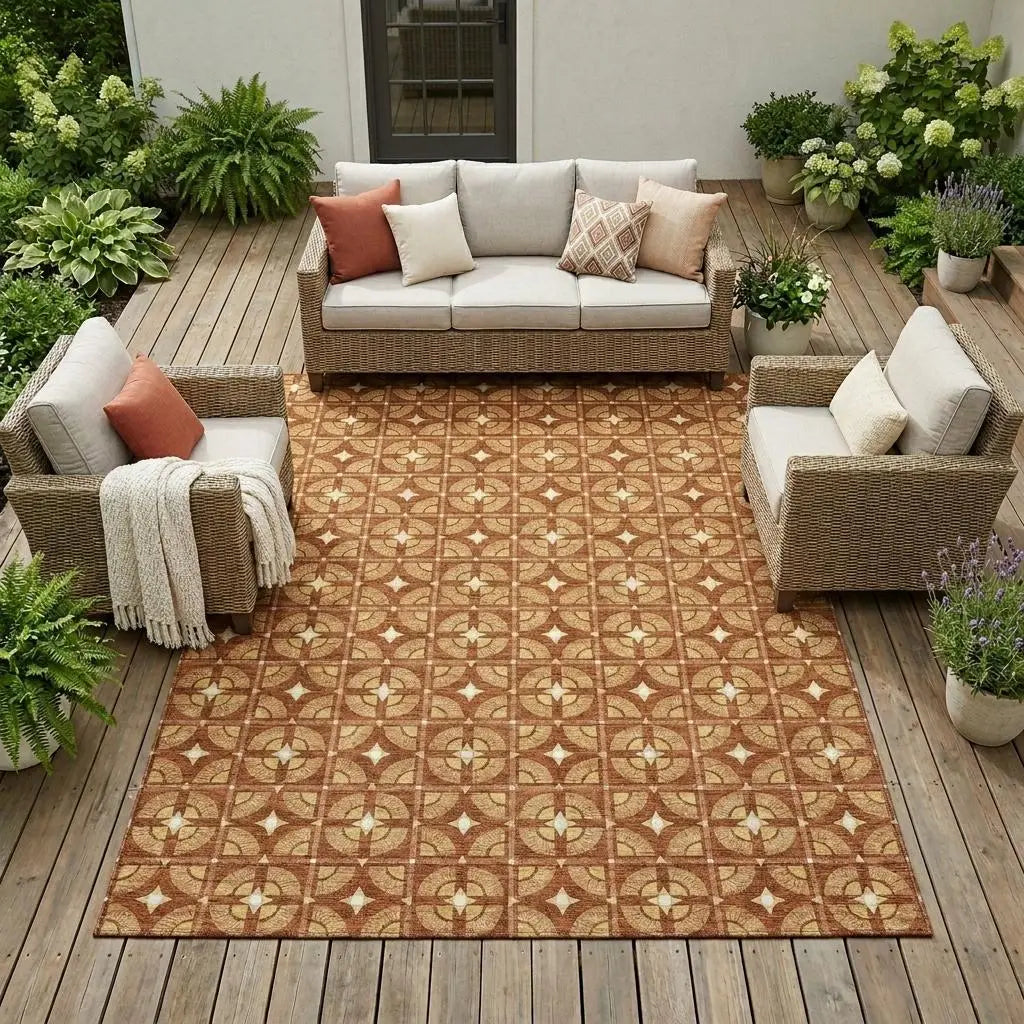 8' X 10' Orange And Copper Geometric Washable Indoor Outdoor Area Rug Homeroots Outdoor