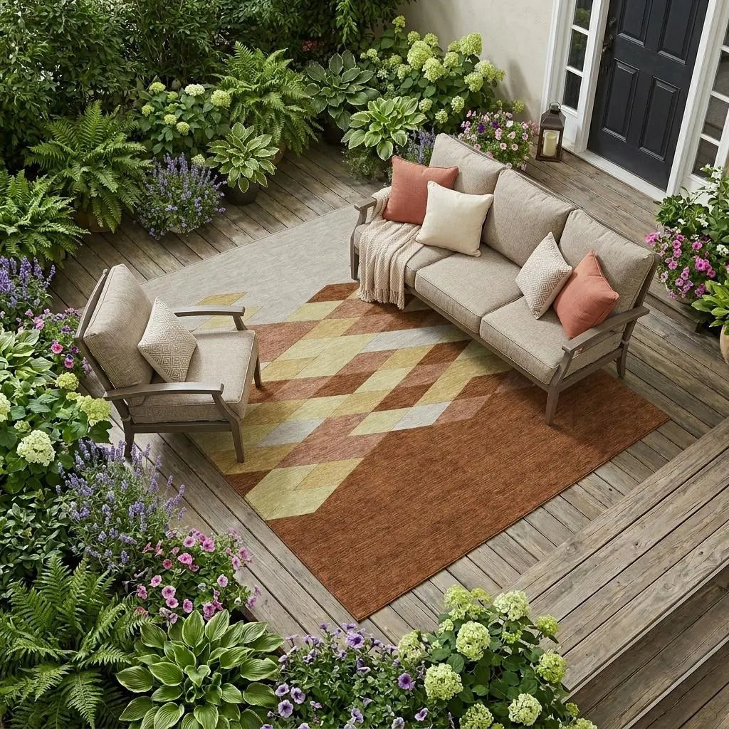 8' X 10' Orange And Copper Geometric Washable Indoor Outdoor Area Rug Homeroots Outdoor