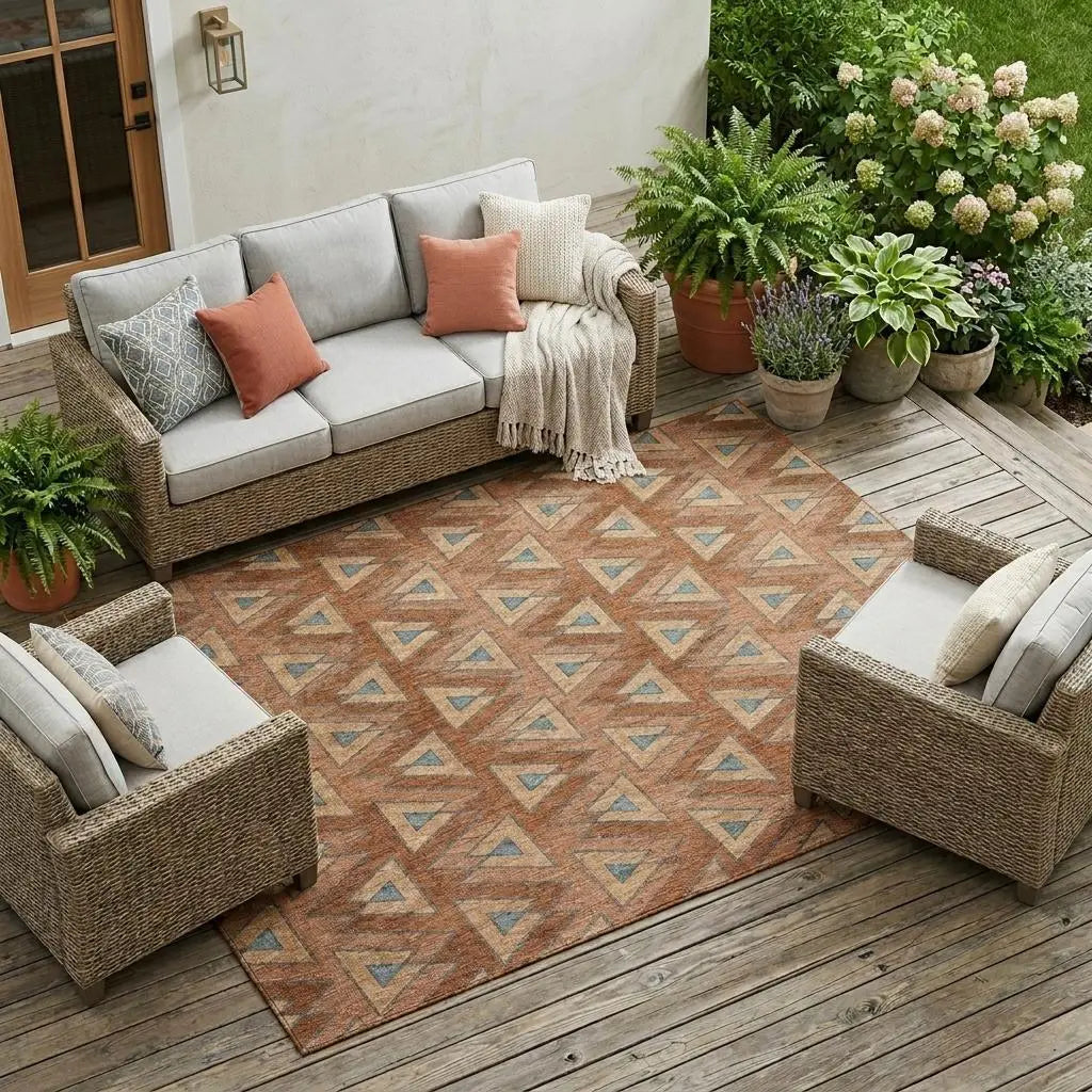 8' X 10' Orange And Copper Geometric Washable Indoor Outdoor Area Rug Homeroots Outdoor