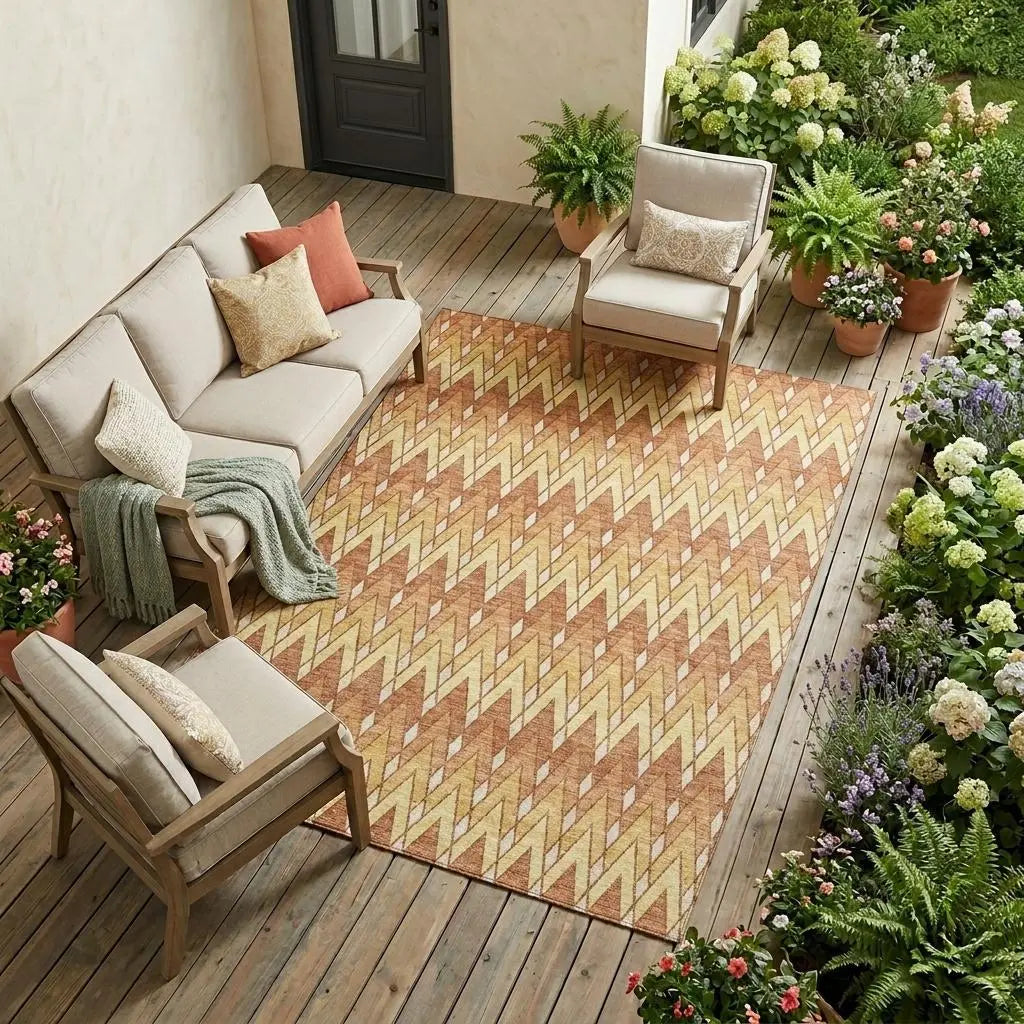 8' X 10' Orange And Copper Geometric Washable Indoor Outdoor Area Rug Homeroots Outdoor