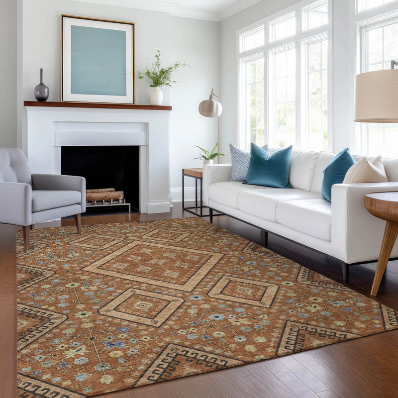 8' X 10' Orange And Copper Medallion Washable Indoor Outdoor Area Rug Homeroots Outdoor
