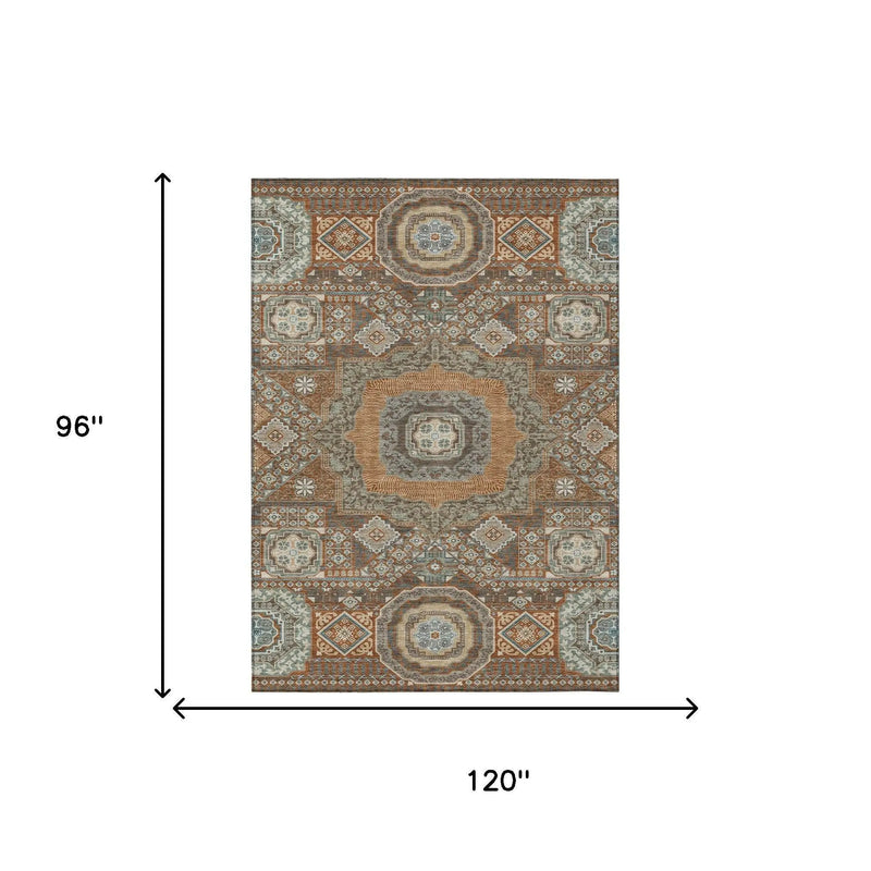 8' X 10' Orange And Copper Oriental Washable Indoor Outdoor Area Rug Homeroots Outdoor