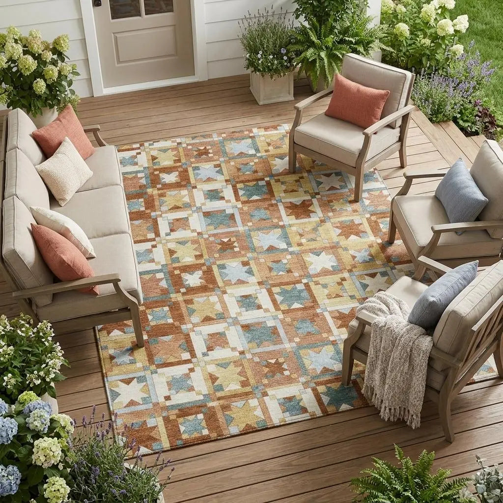 8' X 10' Orange And Copper Patchwork Washable Indoor Outdoor Area Rug Homeroots Outdoor