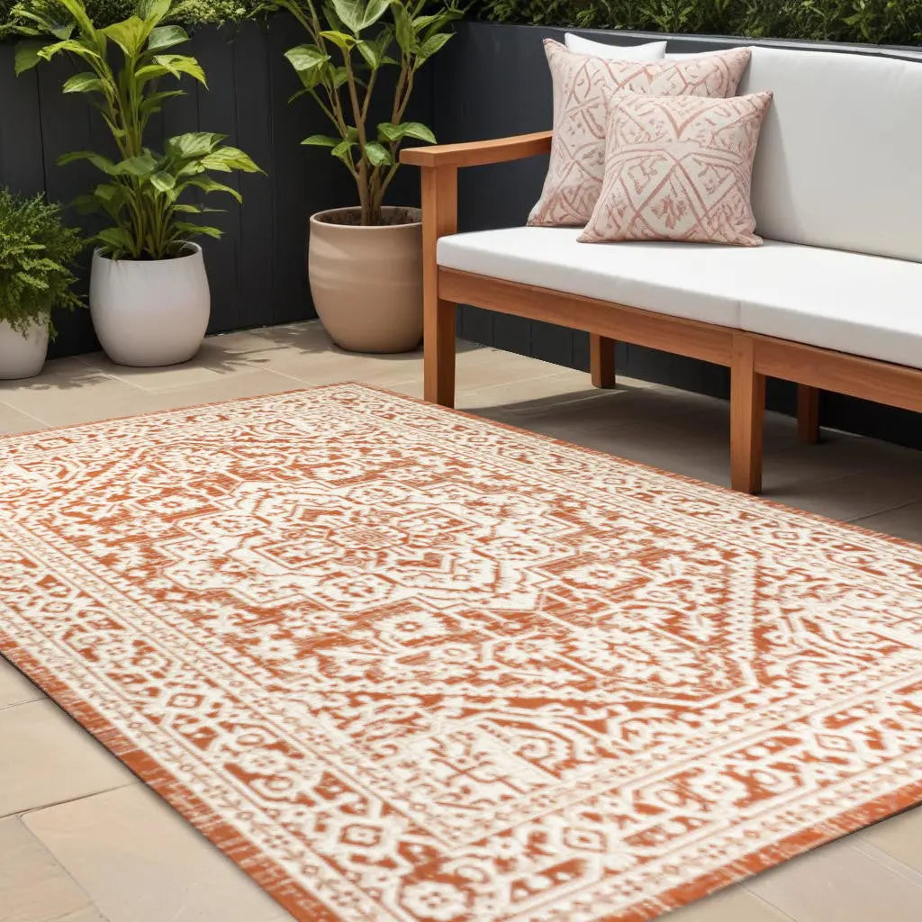 8' X 10' Orange And Cream Medallion Indoor Outdoor Area Rug Homeroots Outdoor