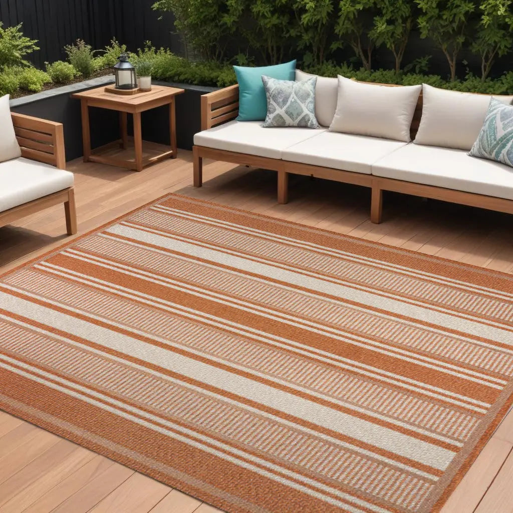 8' X 10' Orange And Cream Striped Indoor Outdoor Area Rug Homeroots Outdoor