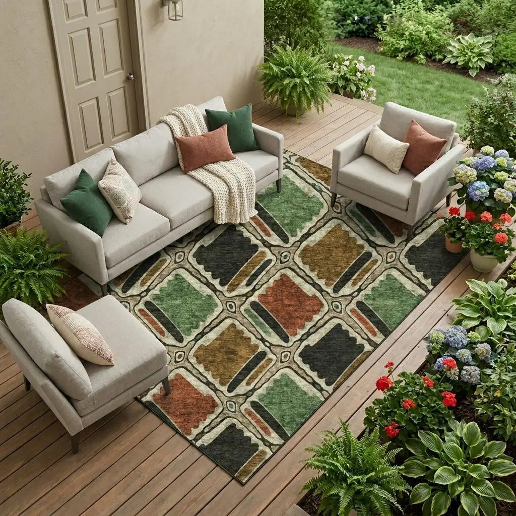 8' X 10' Orange And Emerald Geometric Washable Indoor Outdoor Area Rug Homeroots Outdoor