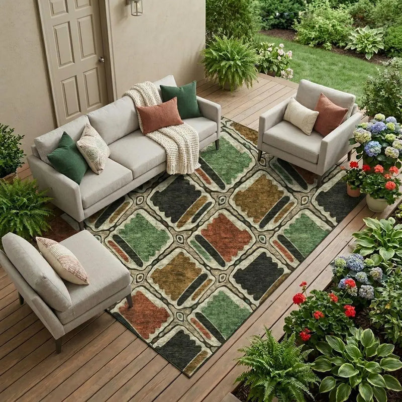 8' X 10' Orange And Emerald Geometric Washable Indoor Outdoor Area Rug Homeroots Outdoor
