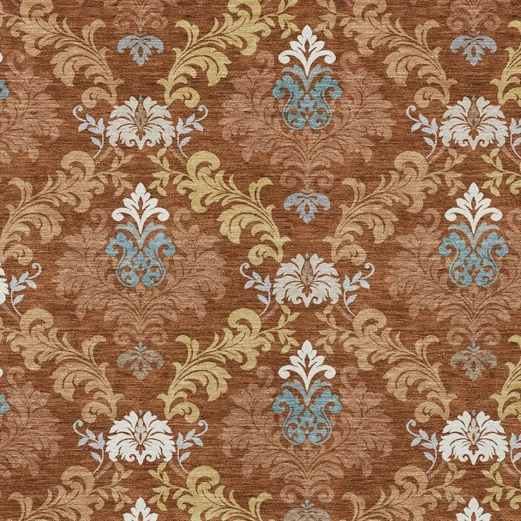 8' X 10' Orange And Gold Damask Washable Indoor Outdoor Area Rug Homeroots Outdoor