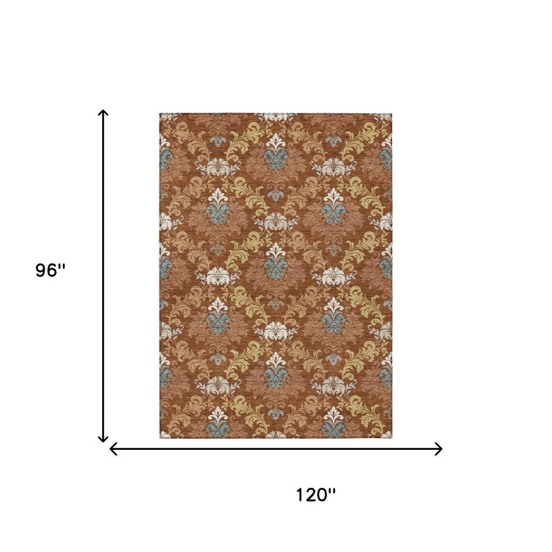 8' X 10' Orange And Gold Damask Washable Indoor Outdoor Area Rug Homeroots Outdoor