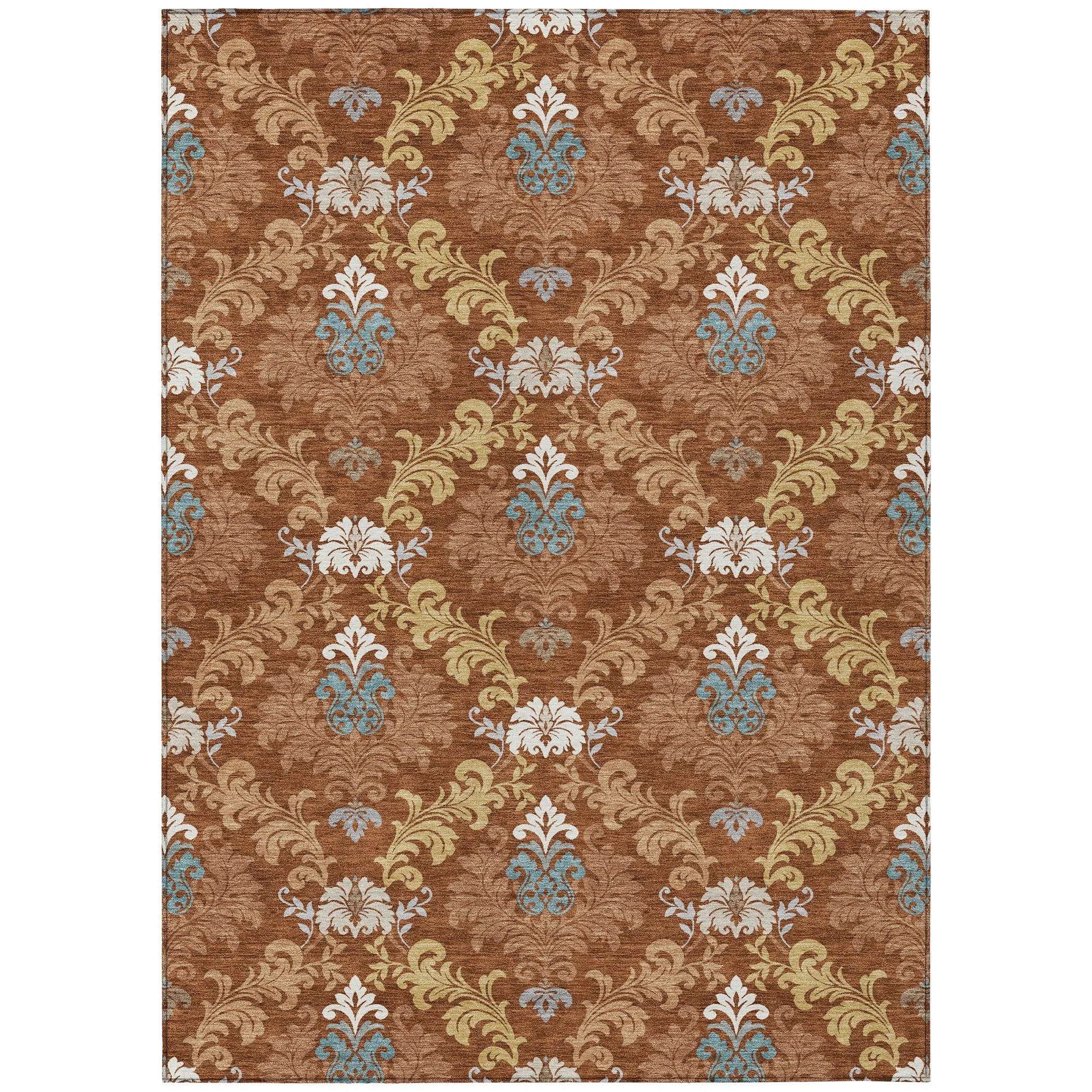 8' X 10' Orange And Gold Damask Washable Indoor Outdoor Area Rug Homeroots Outdoor
