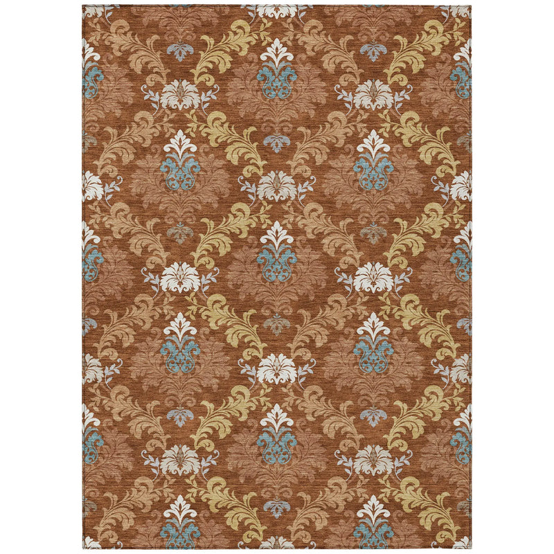 8' X 10' Orange And Gold Damask Washable Indoor Outdoor Area Rug Homeroots Outdoor