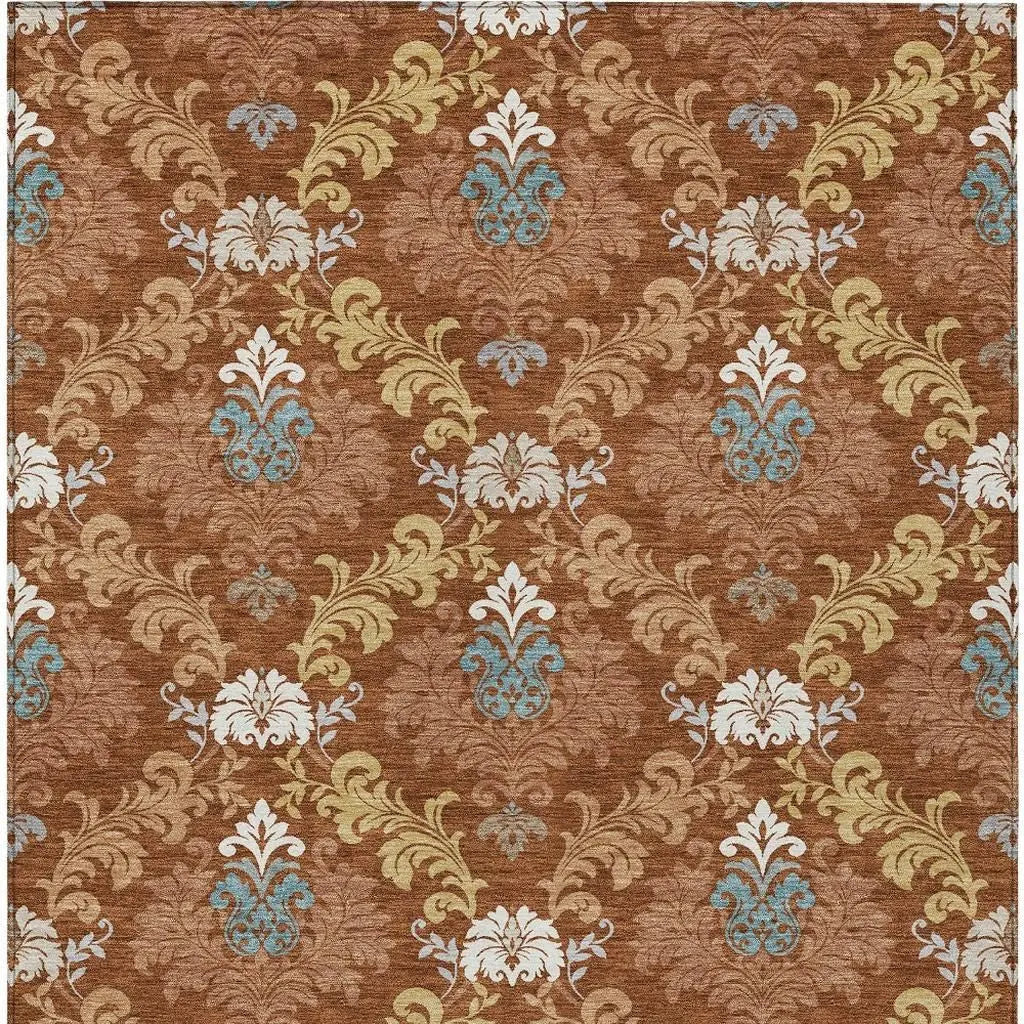 8' X 10' Orange And Gold Damask Washable Indoor Outdoor Area Rug Homeroots Outdoor
