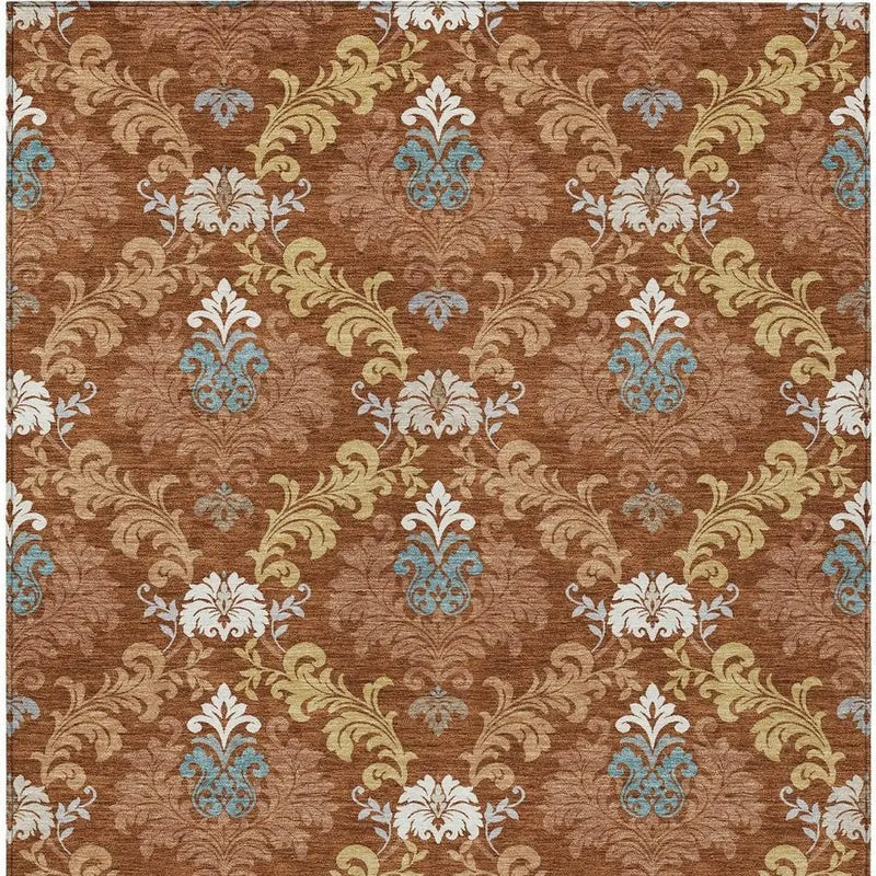 8' X 10' Orange And Gold Damask Washable Indoor Outdoor Area Rug Homeroots Outdoor