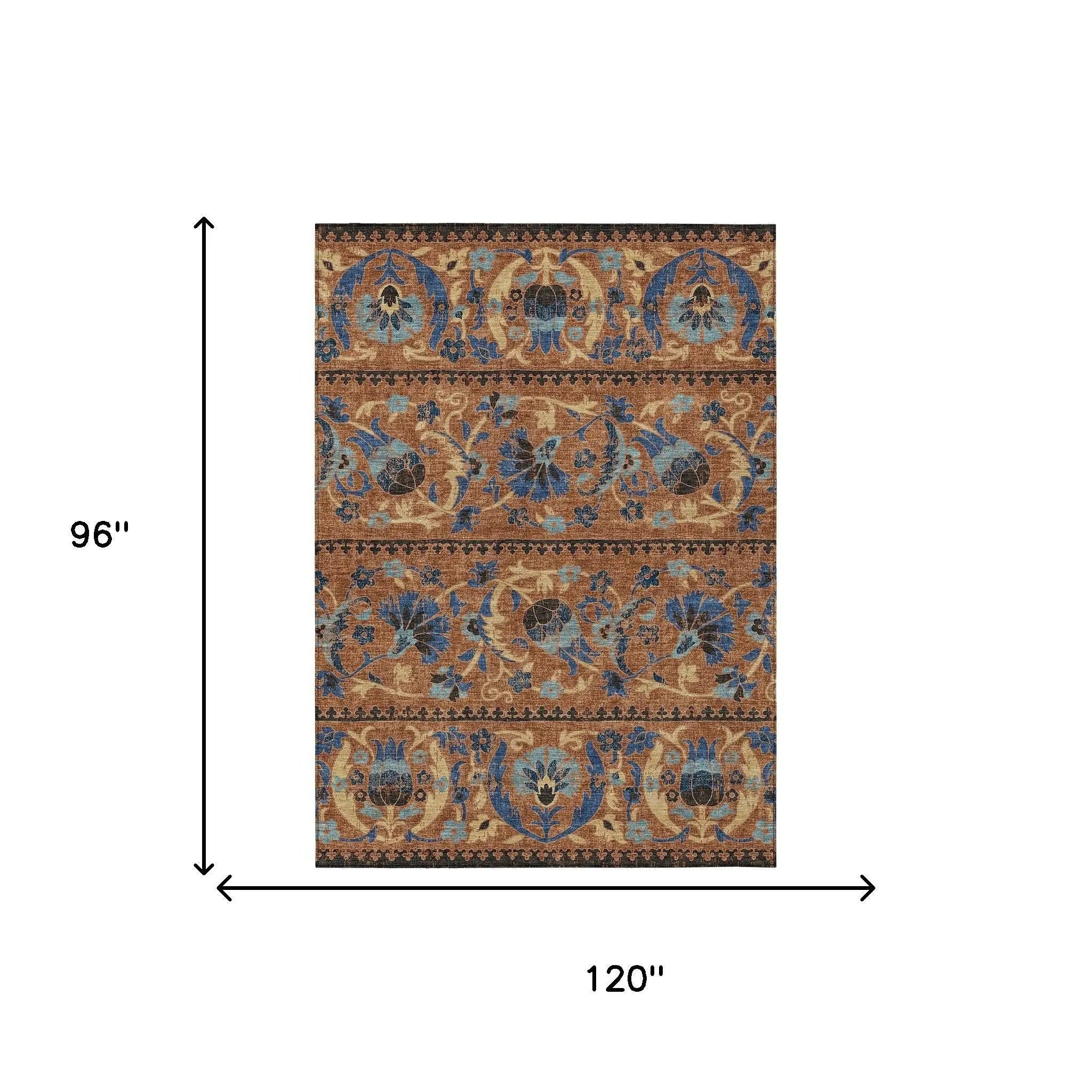 8' X 10' Orange And Gold Floral Washable Indoor Outdoor Area Rug Homeroots Outdoor