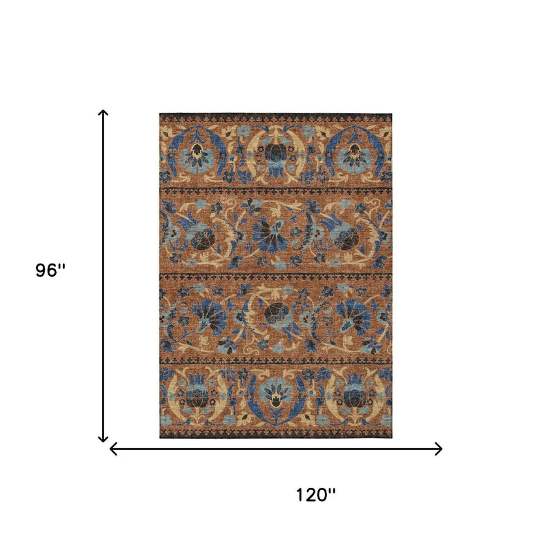 8' X 10' Orange And Gold Floral Washable Indoor Outdoor Area Rug Homeroots Outdoor