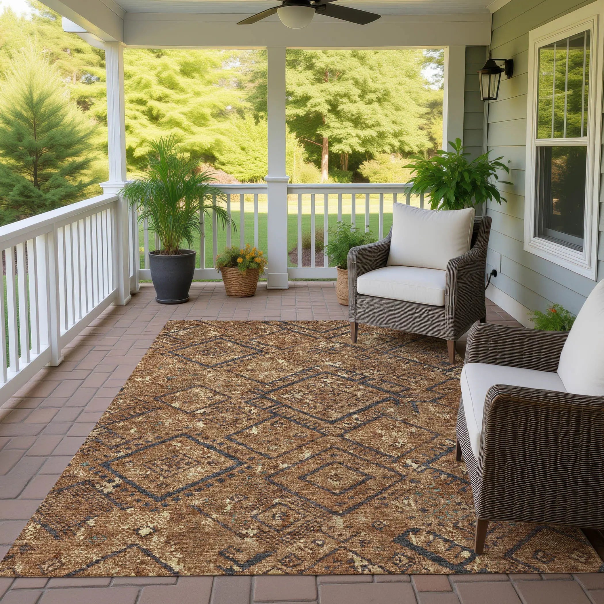 8' X 10' Orange And Gold Geometric Washable Indoor Outdoor Area Rug Homeroots Outdoor