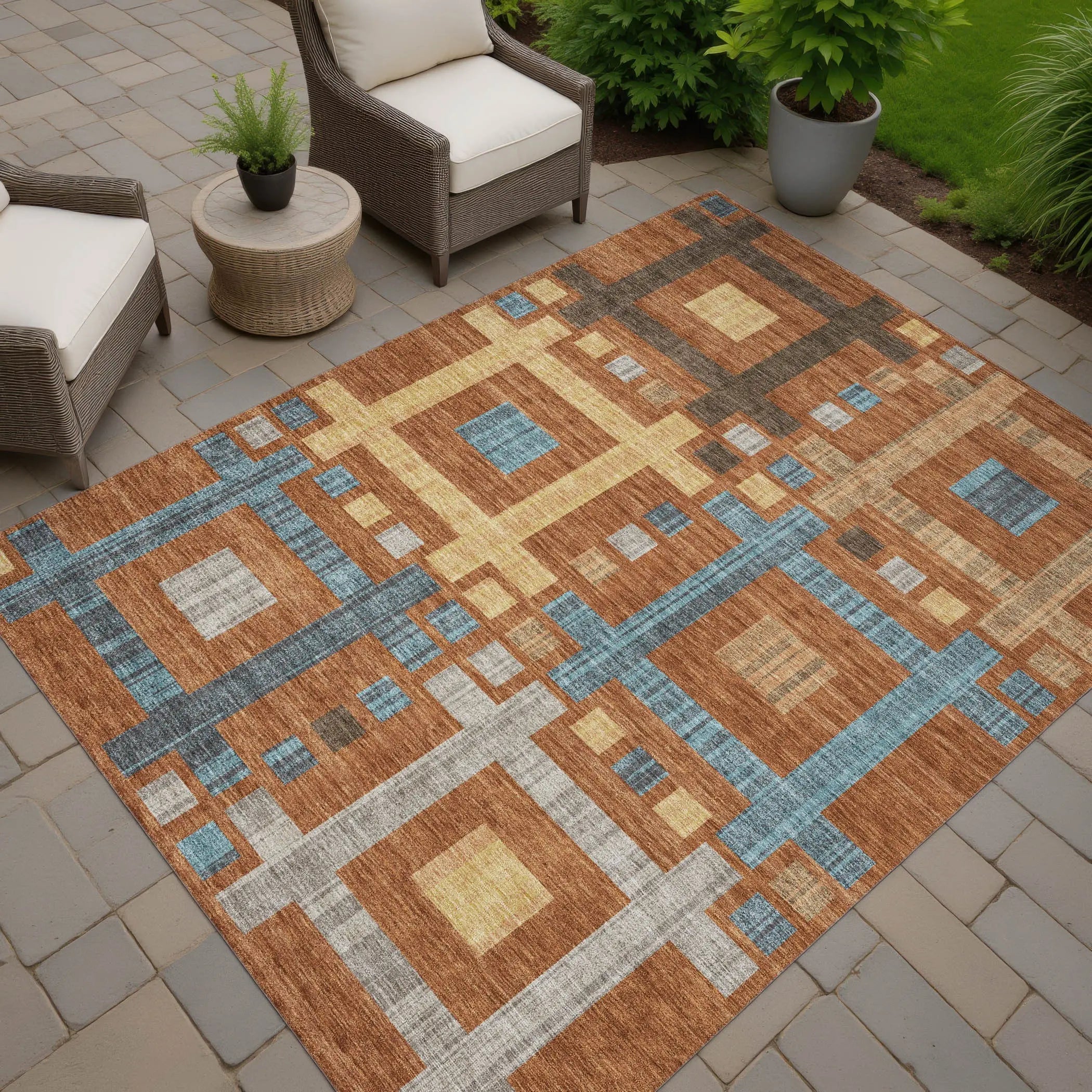 8' X 10' Orange And Gold Geometric Washable Indoor Outdoor Area Rug Homeroots Outdoor