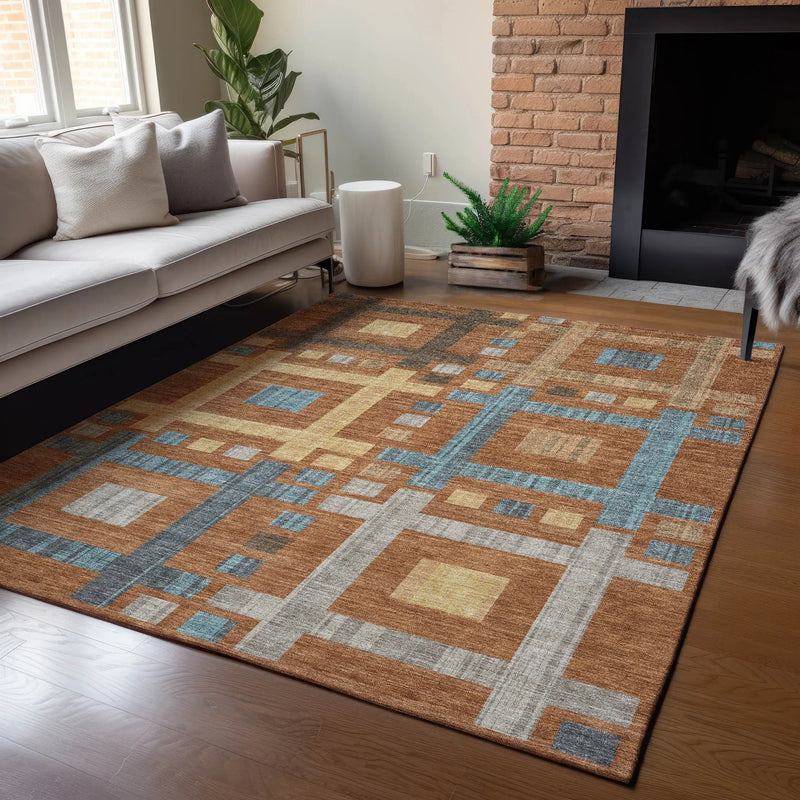 8' X 10' Orange And Gold Geometric Washable Indoor Outdoor Area Rug Homeroots Outdoor
