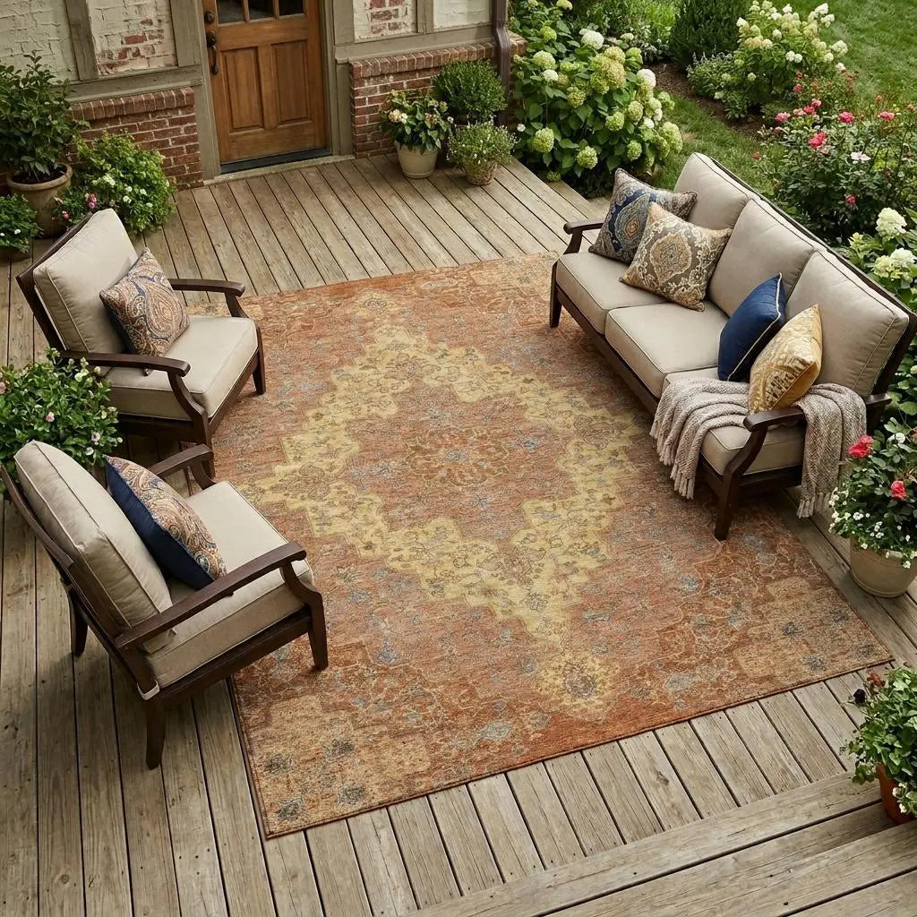 8' X 10' Orange And Gold Medallion Washable Indoor Outdoor Area Rug Homeroots Outdoor