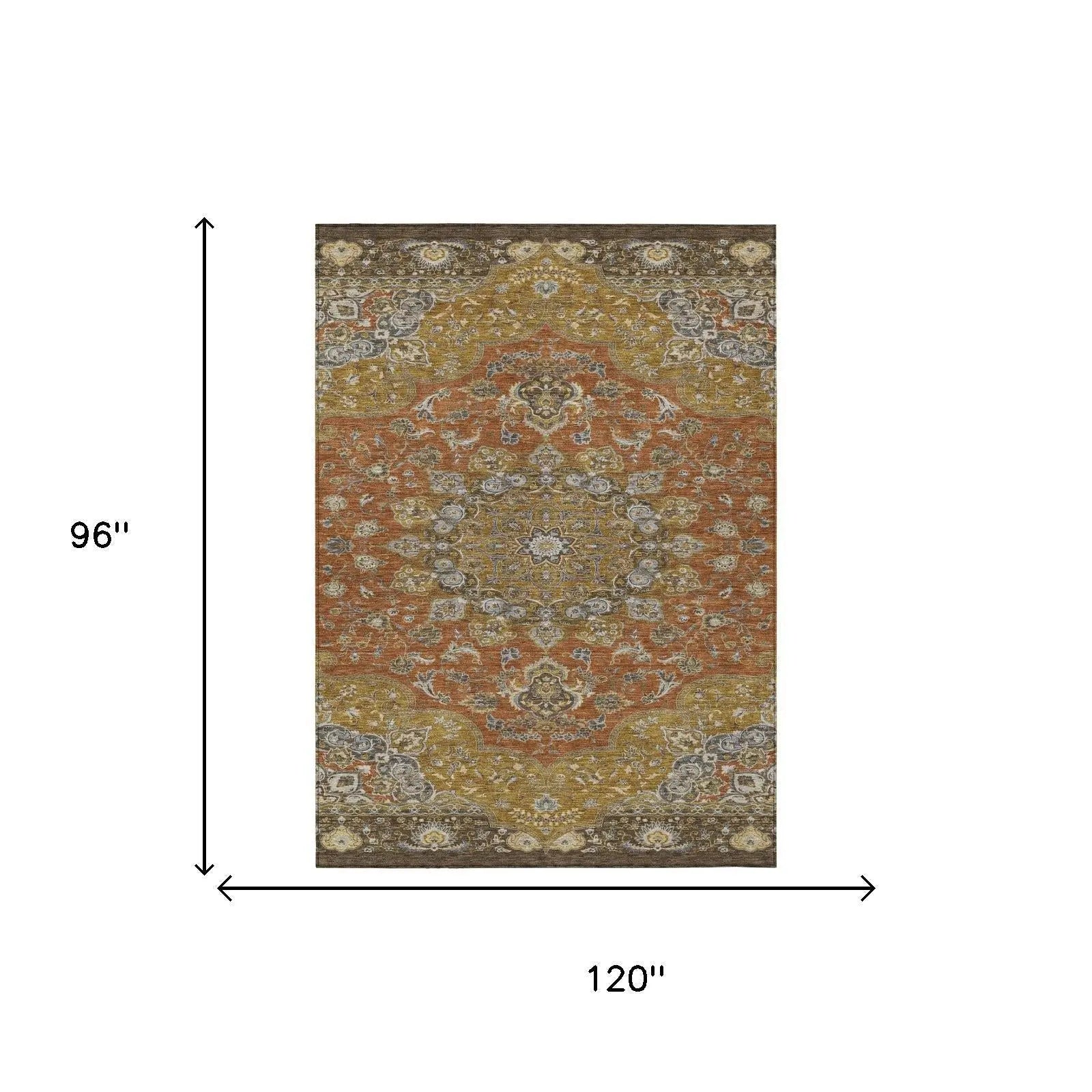 8' X 10' Orange And Gold Oriental Washable Indoor Outdoor Area Rug Homeroots Outdoor
