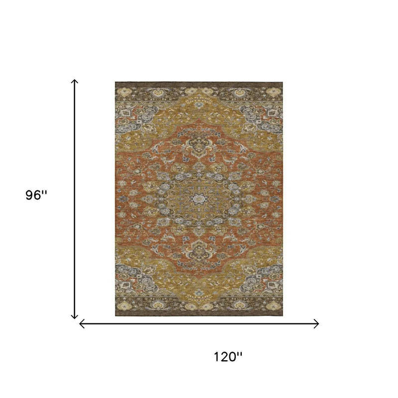 8' X 10' Orange And Gold Oriental Washable Indoor Outdoor Area Rug Homeroots Outdoor