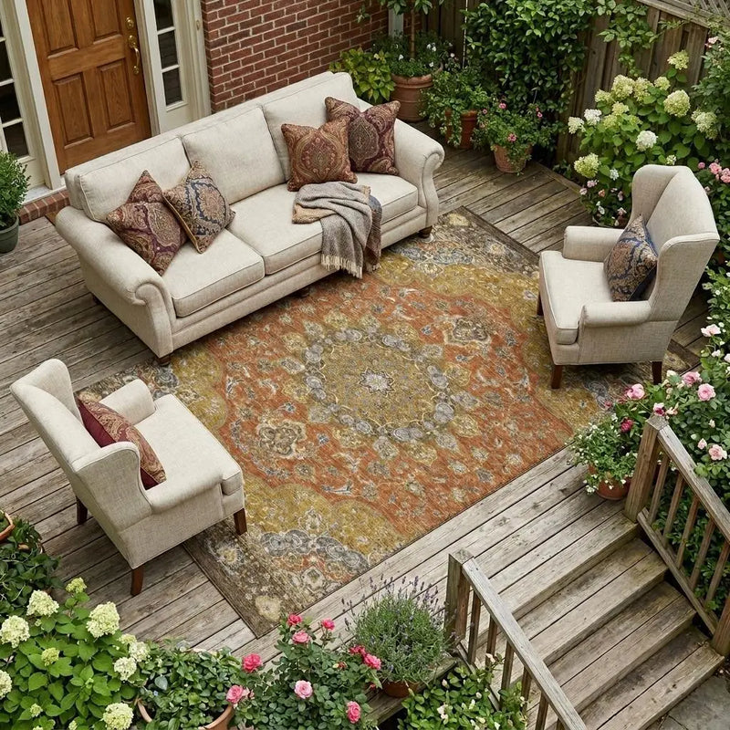 8' X 10' Orange And Gold Oriental Washable Indoor Outdoor Area Rug Homeroots Outdoor