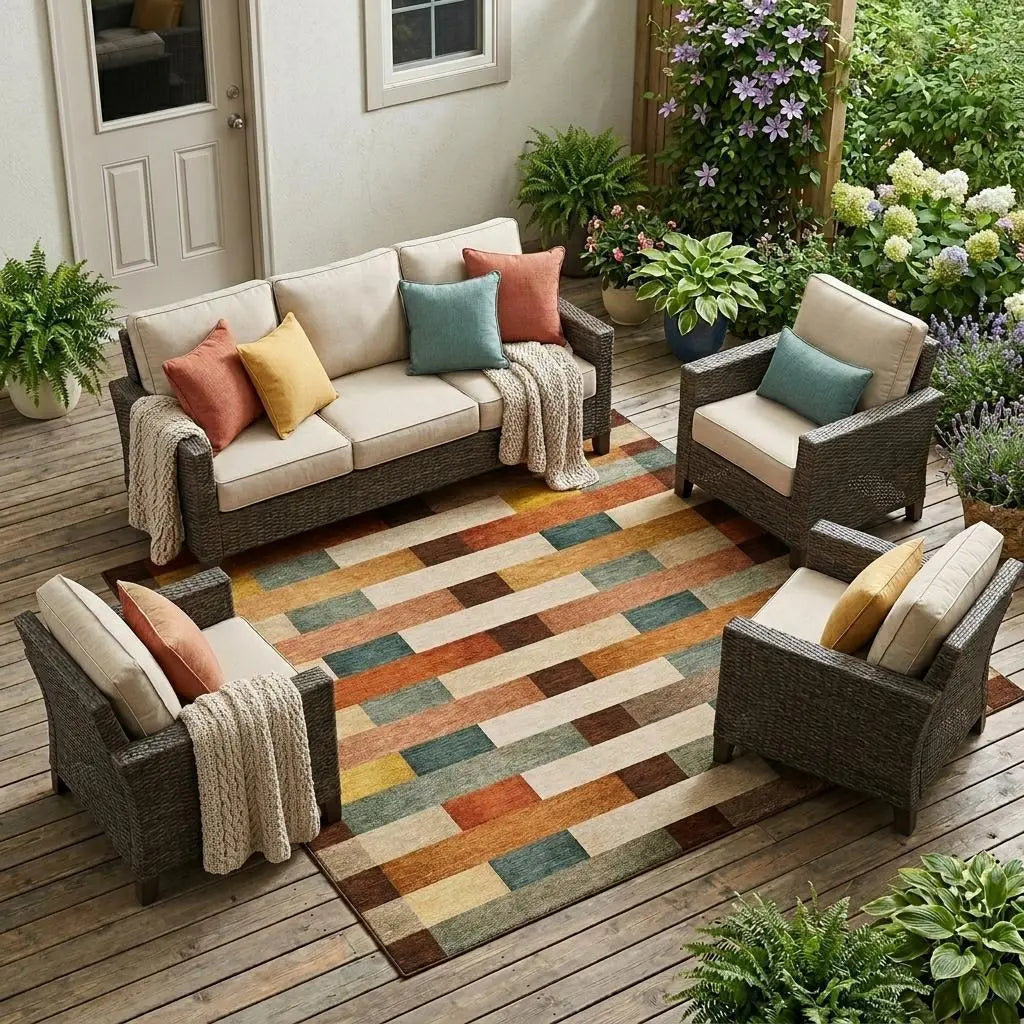 8' X 10' Orange And Gold Striped Washable Indoor Outdoor Area Rug Homeroots Outdoor