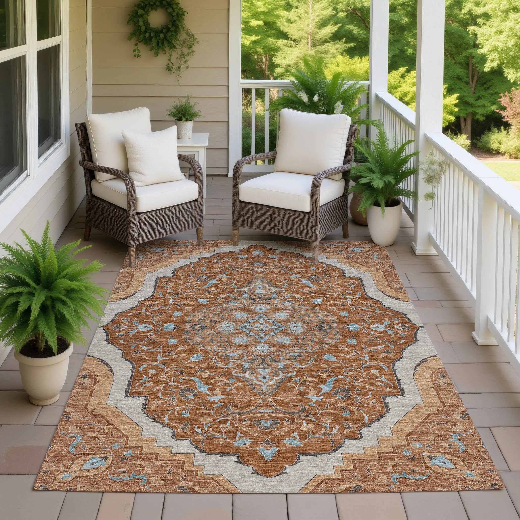 8' X 10' Orange And Graphite Medallion Washable Indoor Outdoor Area Rug Homeroots Outdoor